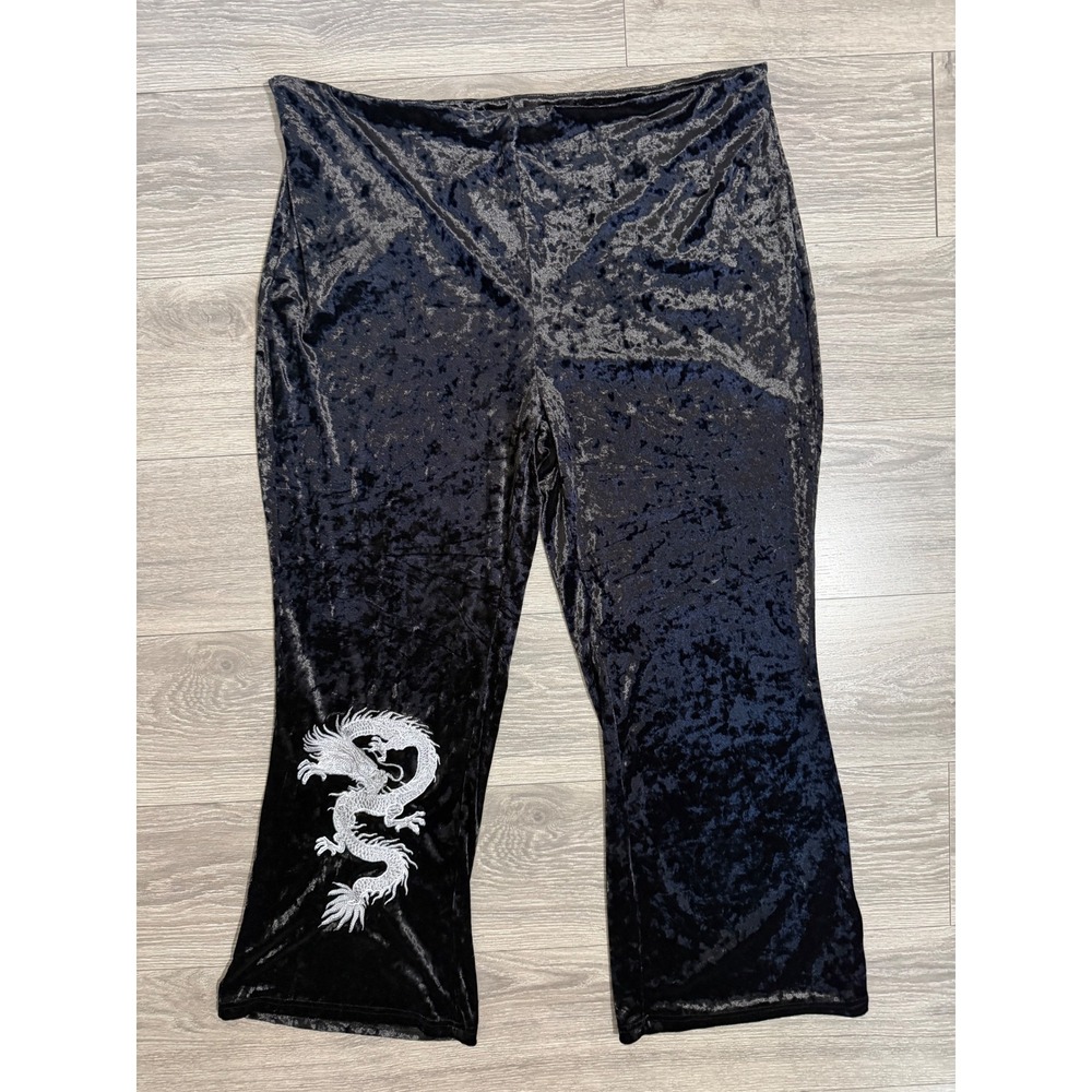 Women 4XL Black Crushed Velvet Dragon Embroidered Wide Leg Pants High Rise Y2K